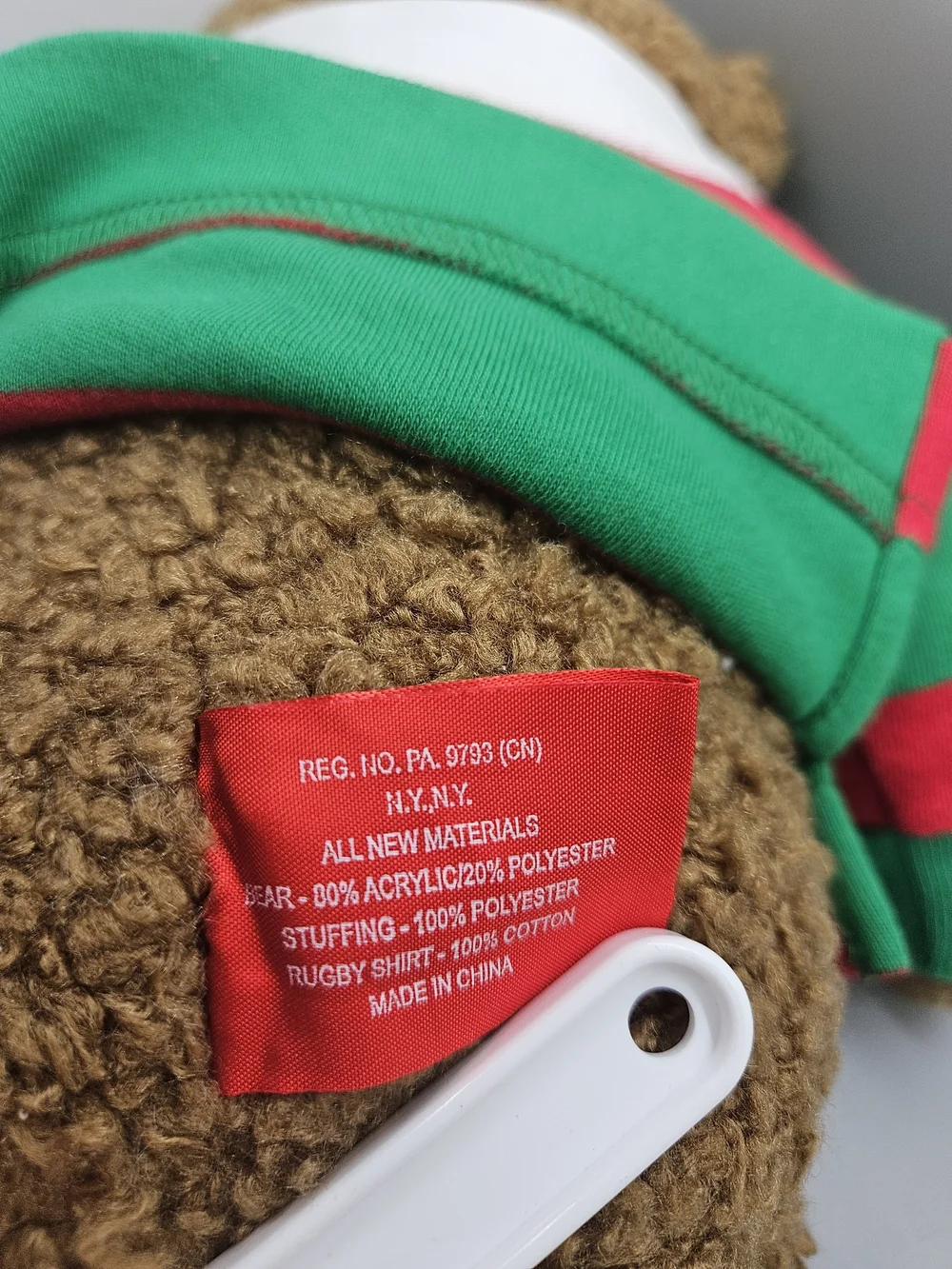 2005 Ralph Lauren Teddy Bear Plush Green Red Rugby Stripe Polo Shirt 14